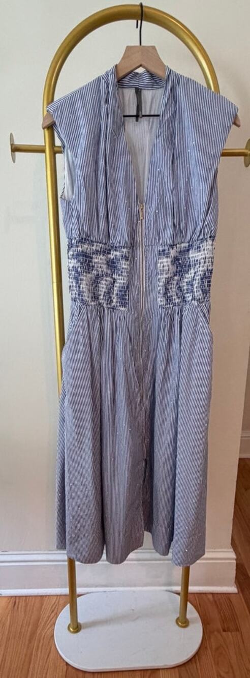 Anthropologie Tommie Shine Smocked Front Zip Studded Stripe Midi Dress, Med